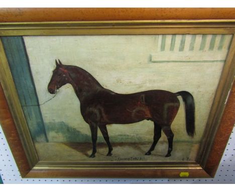 19TH CENTURY EQUESTRIAN PORTRAIT, signed oil on canvas, "Portrait of Race Horse Canary 1879" possibly signed E Price, 14" x 1