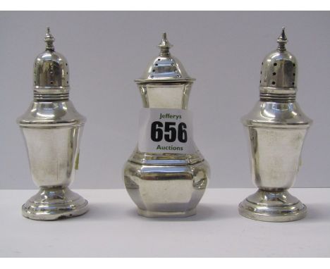 SILVER PEPPERETTES, a pair of circular form silver pepperettes, stamped Sterling, by Frank M Whiting, also a Birmingham HM  o