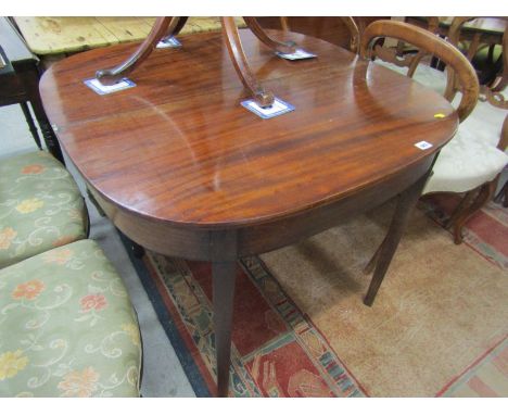 19th CENTURY MAHOGANY TEA TABLE, D-end fold top card table on tapering square section legs, 36" width 