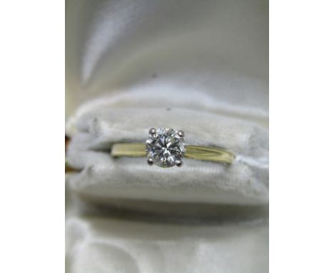 18ct YELLOW GOLD DIAMOND SOLITAIRE RING, brilliant cut diamond approx 0.8ct in 4 claw setting, good colour, size P/Q, with in