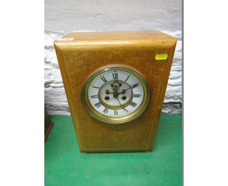 MANTEL CLOCK, open brocot escapement, silky oak cased mantel clock with French striking movement, 14" height 