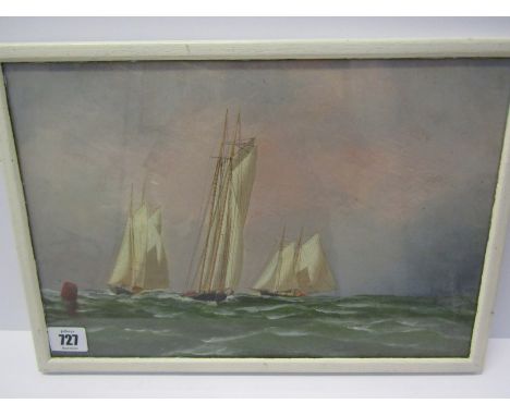 ANTONIO JACOBSEN, signed painting dated 1875 "Portrait of three Racing Yachts", 9" x 13" 