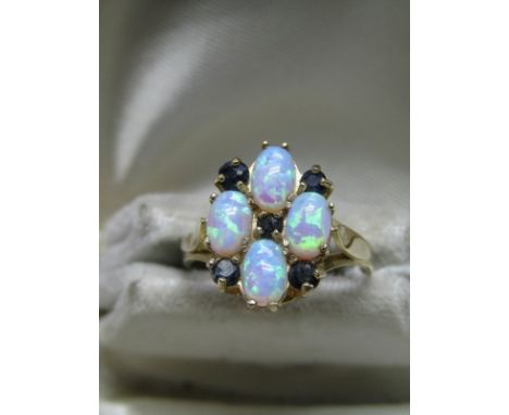 9CT YELLOW GOLD OPAL &amp; SAPPHIRE CLUSTER RING; Size 'M/N' 