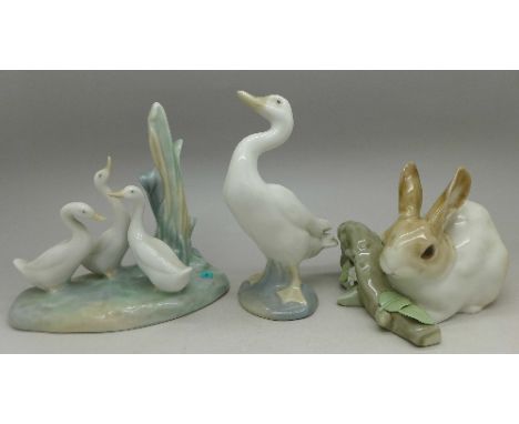 Two Lladro figures and a Nao figure of three geese