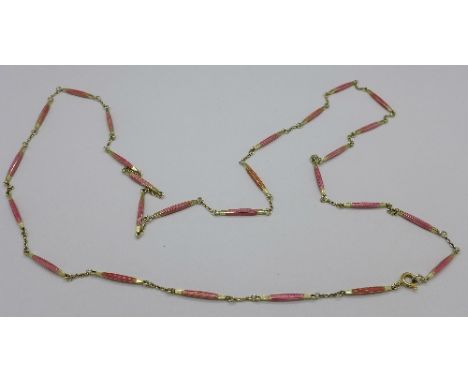 A silver and guilloche pink enamel guard chain, length 77cm