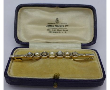 A yellow metal, diamond, pearl and moonstone bar brooch, weight 6.8g, one moonstone a/f