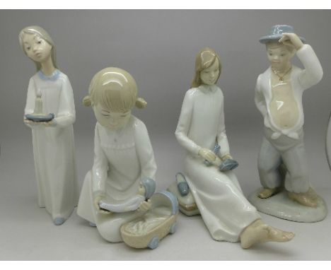 A Lladro figure of a girl with candle, height 20.5cm, and three Zaphir Spanish figures