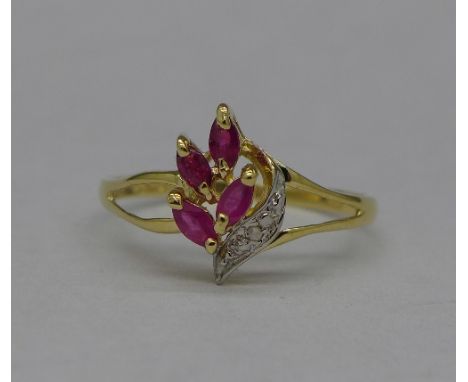 A 9ct gold, ruby and diamond ring, weight 1g, size O