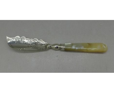 A Victorian silver butter spade with mother of pearl handle, Birmingham 1859