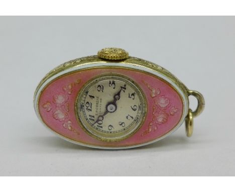 A silver and guilloche pink enamel pendant watch, the dial signed E. Gubelin, Lucerne
