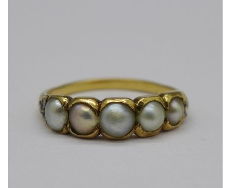 A Victorian yellow metal, seed pearl and diamond ring, weight 2.4g, size N