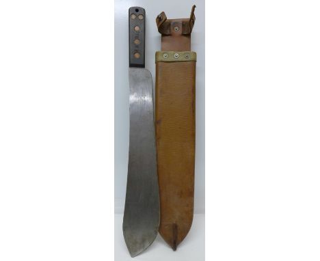 A machete with scabbard, the blade marked Martindale, Birmingham, the handle marked FA125, scabbard marked with broad arrow B