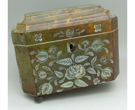 A George III tortoiseshell and mother of pearl inlaid tea caddy, a/f