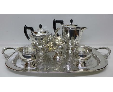 A Viners four piece plated tea service with a tray and sugar