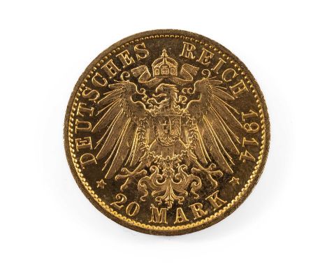 WILHELM II GOLD 20 MARK COIN, 1914, Germany Württemberg, 7.9gmsProvenance: private collection MonmouthshireComments: light we