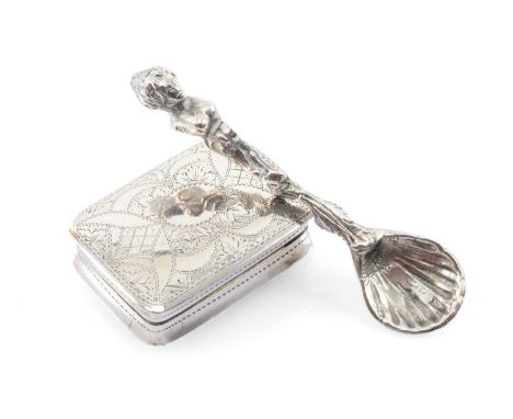 WILLIAM IV SILVER VINAIGRETTE & VICTORIAN CONDIMENT SPOON, engraved vinaigrette of cushion form by Nathaniel Mills, Birmingha