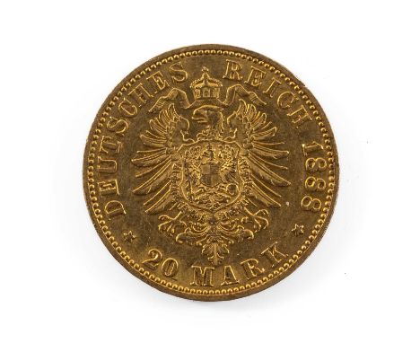 FRIEDRICH III GOLD 20 MARK COIN, 1888, Germany Prussia, 7.9gmsProvenance: private collection MonmouthshireComments: light wea