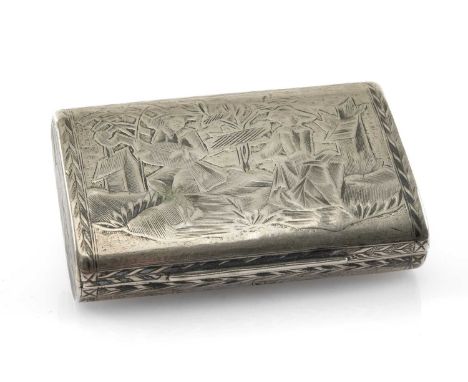 RUSSIAN SILVER & NIELLO SNUFF BOX, engraved front and back with peasant farmers, buildings and foliate borders, gilt interior