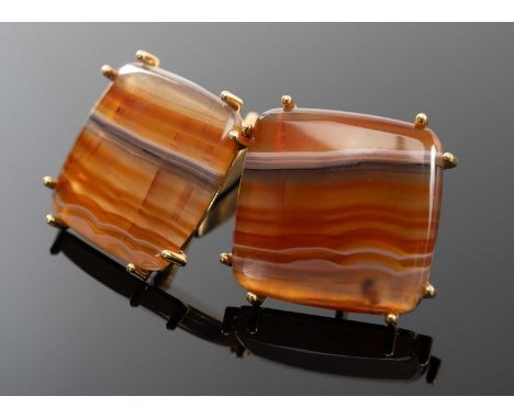 PAIR OF 18K GOLD SQUARE CUFFLINKS, set with banded agate, 22.0gms gross, in Mann jewellers boxProvenance: private collection 