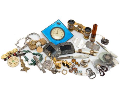 ASSORTED CLOCKS & COLLECTABLES, including guilloche enamel boudoir clock retailed by Gieves (London), Movado 'Ermeto' purse c