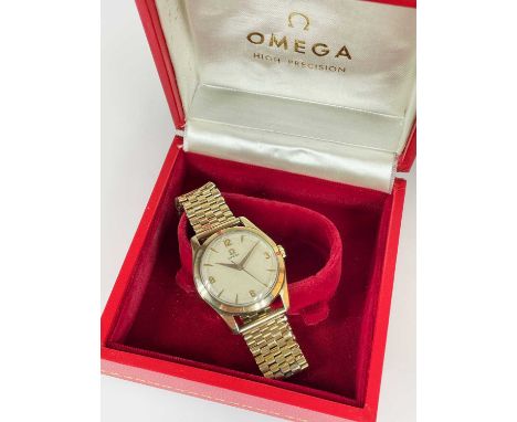 9CT GOLD OMEGA BRACELET WATCH, manual wind movement, champagne dial with Arabic and baton hour markers, sweep centre seconds,