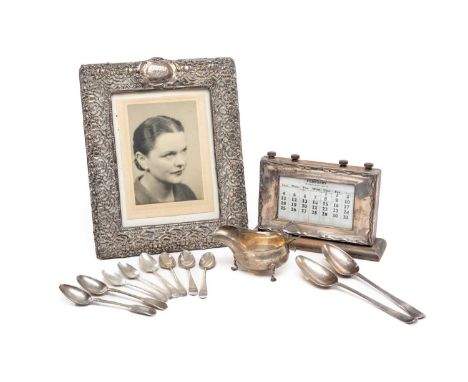 ASSORTED ANTIQUE SILVER comprising group of spoons featuring two Georgian basting-spoons 21cms, sauce-boat, rotary calendar a