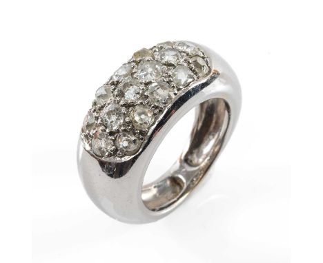 WHITE METAL TRIPLE ROW DIAMOND RING set with sixteen old cut diamonds, ring size K, 11.8gmsProvenance: private collection Pem