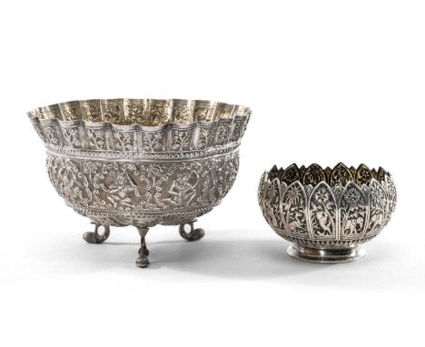 GROUP OF INDIAN SILVER comprising a Swami bowl with crimped rim, decorated with repousse floral border and band of Hindu Gods