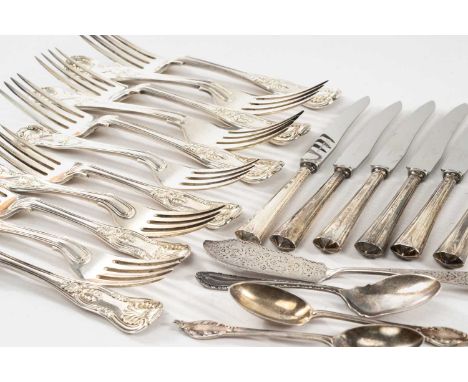 GROUP OF SILVER FLATWARE including set of six matched George IV silver forks, London 1828 / 1834, group of five similar large