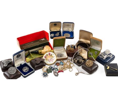 ASSORTED COSTUME JEWELLERY comprising floral wall pendant, pearls, bar brooches, chains, disc brooches, enamel badges, silver