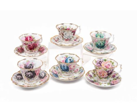 SIX ROYAL ALBERT 'SUMMER BOUNTY' CUPS & SAUCERS, comprising one of each, Jade, Pearl, Amethyst, Ruby, Sapphire, Tourmaline (1