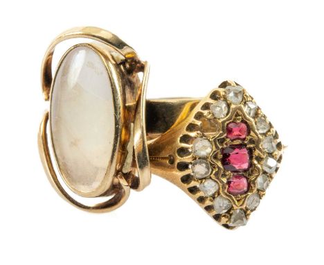 TWO GOLD RINGS comprising 18ct gold ruby and diamond cluster ring, together with a 9ct gold opal ring, 6.2gms gross (2)Proven