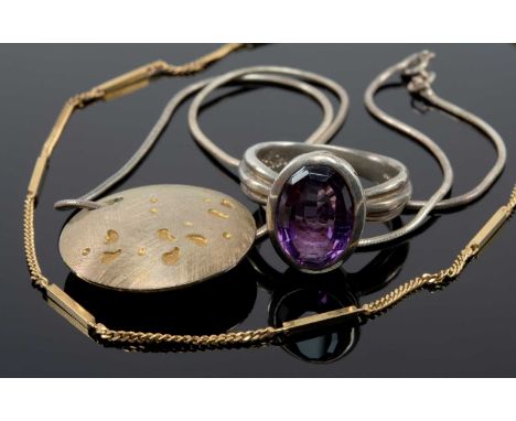 9CT GOLD CHAIN, with bar links, 3.3g, modern Dower &amp; Hall amethyst &amp; silver ring, and a modern silver and parcel gilt