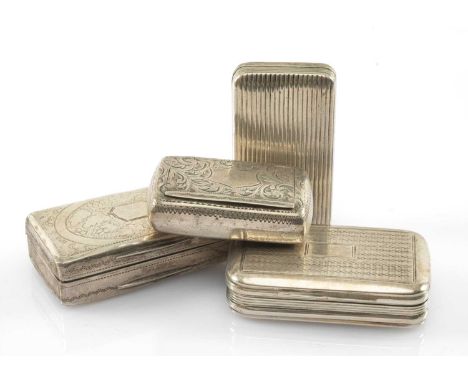 FOUR 19TH C. SILVER SNUFF BOXES, makers include Samuel Pemberton, B'ham 1819; Thomas Willmore, B'ham 1801; Charles Lyster & S