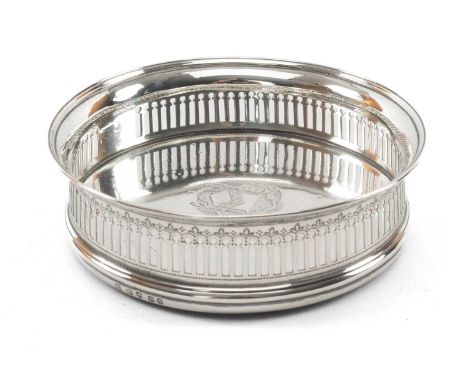 GEORGE III SILVER BOTTLE COASTER, Robert Hennell I & David Hennell II, London 1797, with pierced side, centre with engraved a