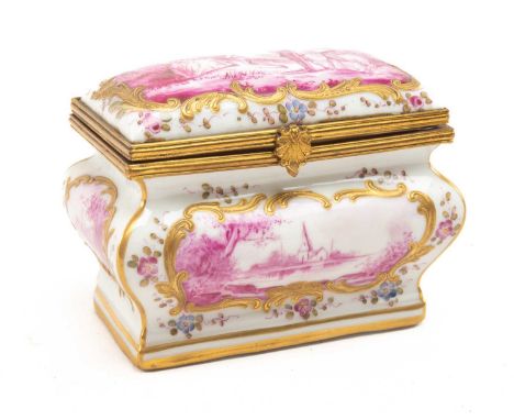 FRENCH PORCELAIN TRINKET BOX, painted en cameau with figures and rural landscapes, gilt borders, base with psuedo Sevres mark