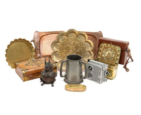 ASSORTED METALWARE &amp; COLLECTIBLES, including Joseph Sankey art nouveau copper tray 65cms long, pewter three-handled tanka