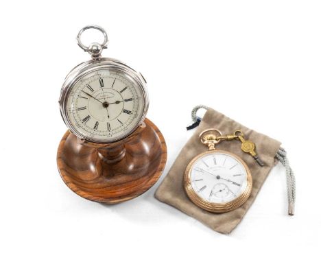 SILVER OPEN FACED POCKET WATCH, centre seconds chronograph with Roman numerals, together with gold plated 'Non-Magnetic Watch