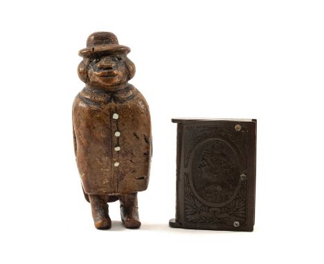 19TH C. COQUILLA NUT FIGURAL SNUFF BOX & VESTA CASE, snuff box carved as a gent in hat and tailcoat, hinged compartment to re