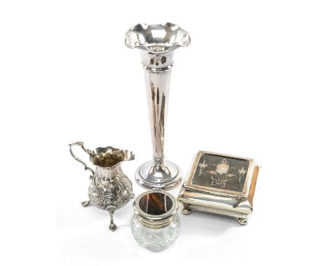 GROUP OF SILVER TABLEWARE comprising silver square section box on bun feet, silver plated trumpet vase, dressing table jar an