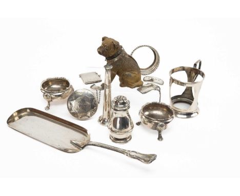 ASSORTED SILVER COLLECTABLES, including pair George II couldron salts, hunting horn, vesta case, three decanter labels, peppa