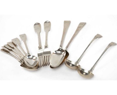 ASSORTED ANTIQUE SILVER FLATWARE, comprising pair George III Old English pattern tablespoons, John Lampfert, London 1965, wit