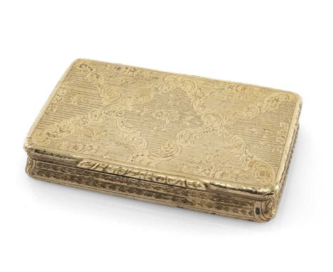 FINE 18TH/19TH C. SPANISH SILVER GILT SNUFF BOX, engraved with flowers within rococo panels to the hinged top, the base with 