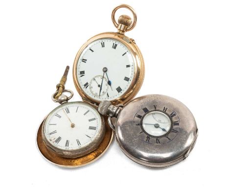 THREE POCKET WATCHES, comprising gold plated top wind full hunter, white Roman dial with subsid. secs, 3/4 plate lever moveme