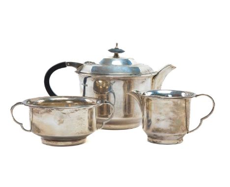 GEORGE VI SILVER THREE-PIECE TEA SET, Sheffield 1946, circular form with angled stepped top, total weight 24ozt (3)Amendment: