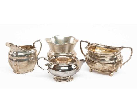 FOUR SILVER VESSELS, including small bowl with four shell-form legs and engraved presentation inscription, 12cms (diam.), twi