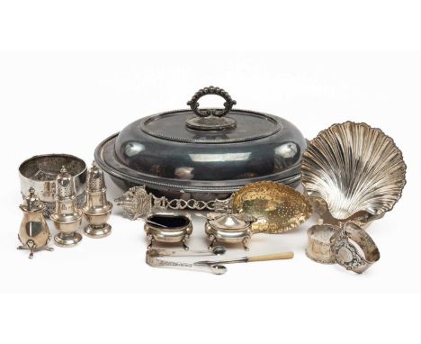 ASSORTED SILVER TABLEWARE, including late Victorian floral embossed small bowl, scalloped shell butter dish, Dutch parcel-gil