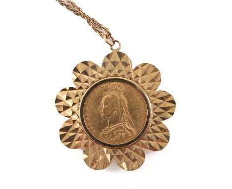 VICTORIAN GOLD SOVEREIGN, 1891, Jubilee head, in 9ct gold flowerhead pendant mount, on 9ct gold chain, 16.0gmsProvenance: dec