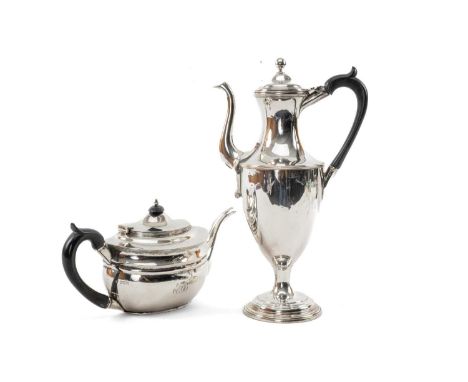 EDWARD VII SILVER TEAPOT & GEORGE III OLD SHEFFIELD PLATE COFFEE POT, teapot by C S Harris & Sons, London 1907, oval form wit