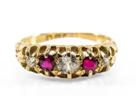 18CT GOLD FIVE STONE DIAMOND & RUBY RING, ring size L 1/2, 3.3gmsProvenance: private collection PembrokeshireComments: wear t